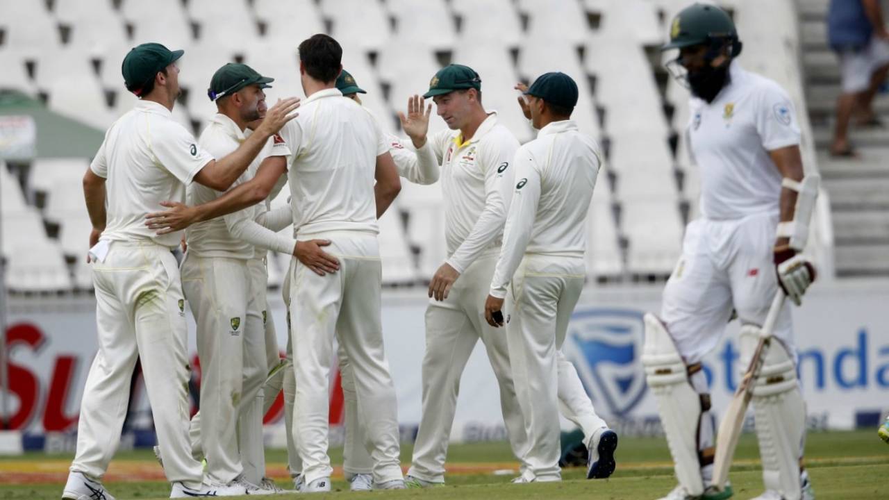 Hashim Amla was excellently caught at slip by Peter Handscomb, South Africa v Australia, 4th Test, Johannesburg, 1st day, March 30, 2018