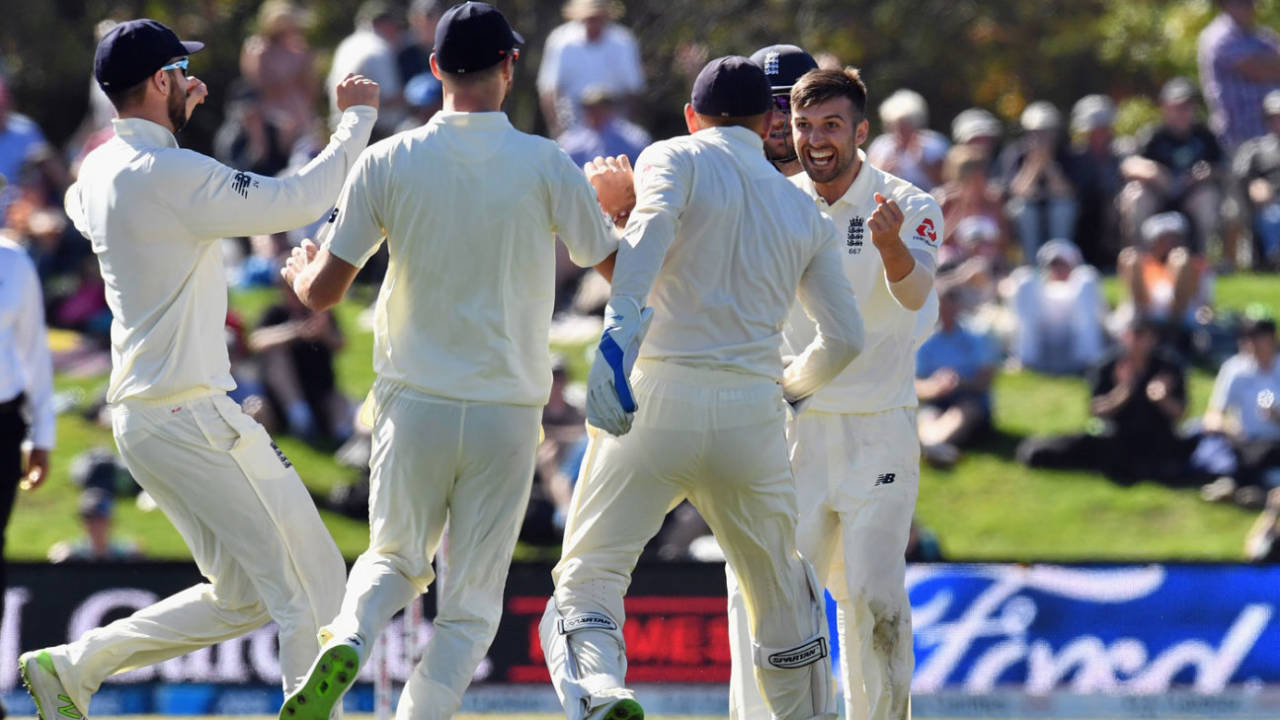 Mark Wood celebrates his dismissal of BJ Watling, New Zealand v England, 2nd Test, Christchurch, 5th day, April 3, 2018
