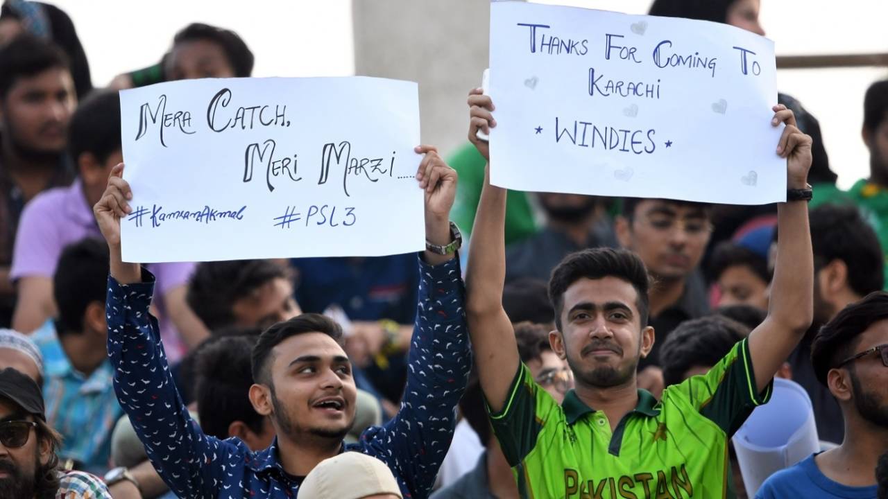 Pakistan fans hold placards thanking West Indies&nbsp;&nbsp;&bull;&nbsp;&nbsp;AFP