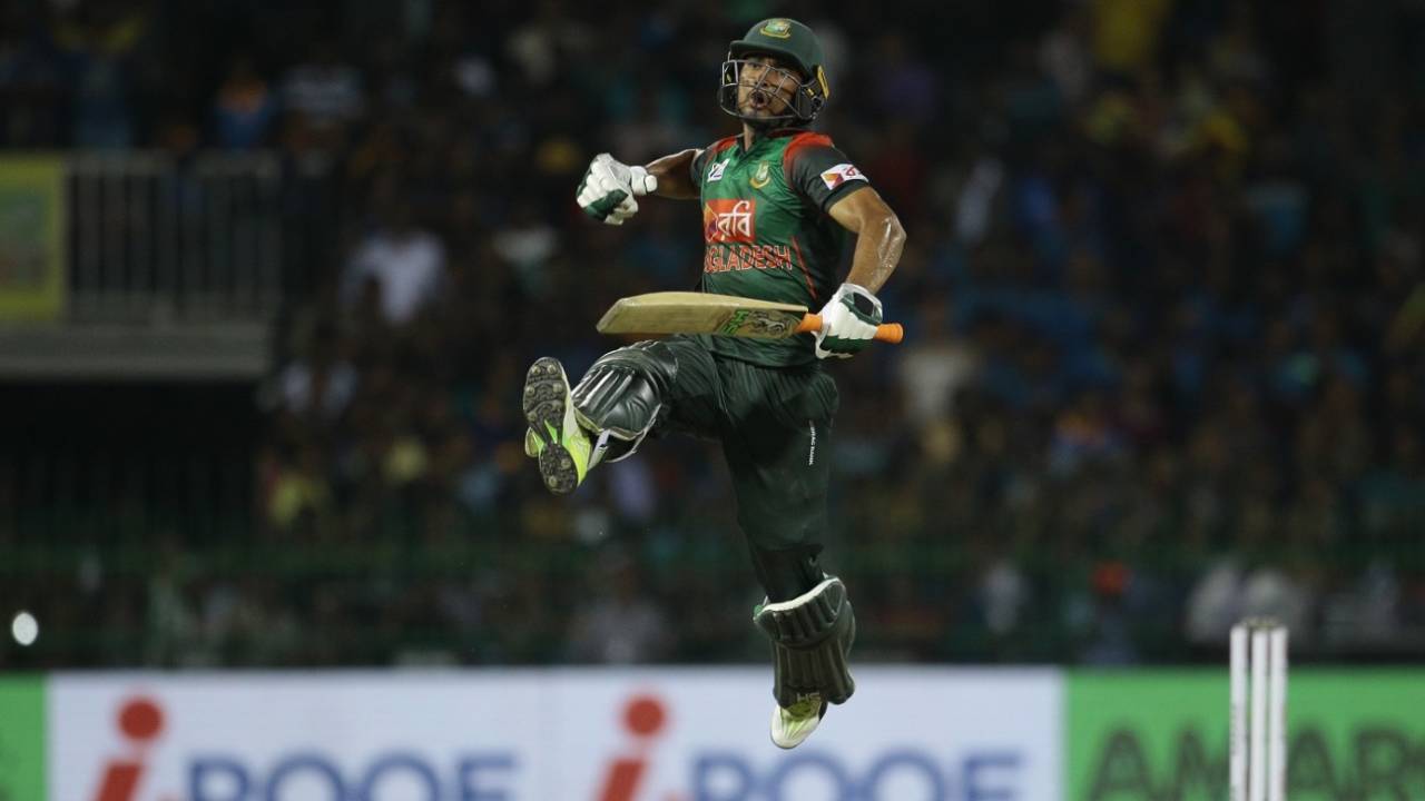 Mahmudullah pumps the air after sealing Bangladesh's win, Sri Lanka v Bangladesh, 6th match, Colombo, March 16, 2018