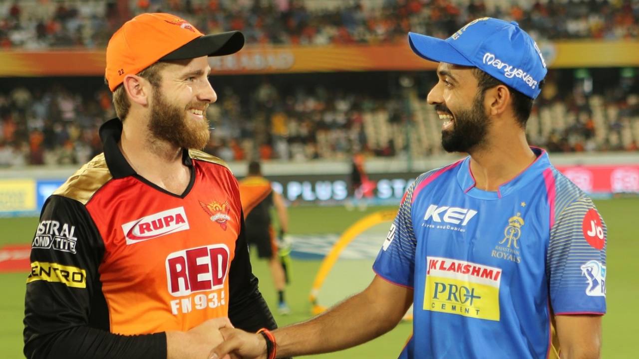 Kane Williamson and Ajinkya Rahane exchange pleasantries ahead of the match, Sunrisers Hyderabad v Rajasthan Royals, IPL 2018, Hyderabad, April 9, 2018