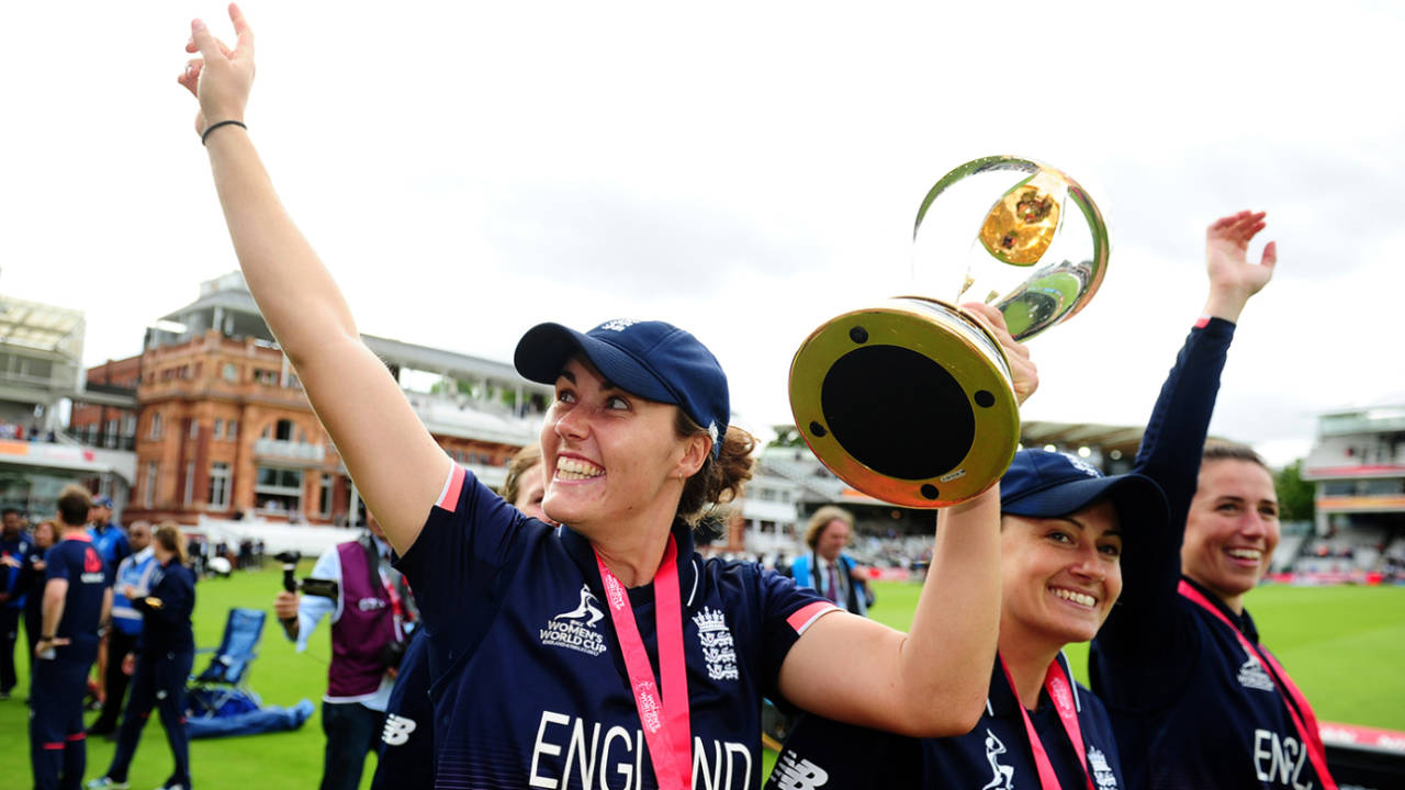 Nat Sciver celebrates the World Cup win at Lord's with her team-mates, England v India, Women's World Cup final, Lord's, July 23, 2017