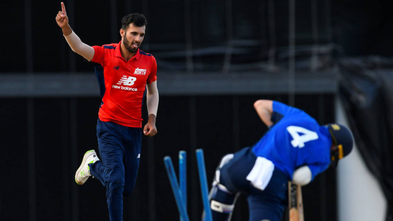 Saqib Mahmood bowls Ollie Pope in the North v South series, Bridgetown, March 21, 2018