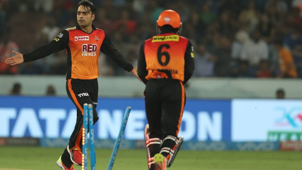 Rashid Khan celebrates Ben Cutting's wicket, Sunrisers Hyderabad v Mumbai Indians, IPL 2018, Hyderabad, April 12, 2018