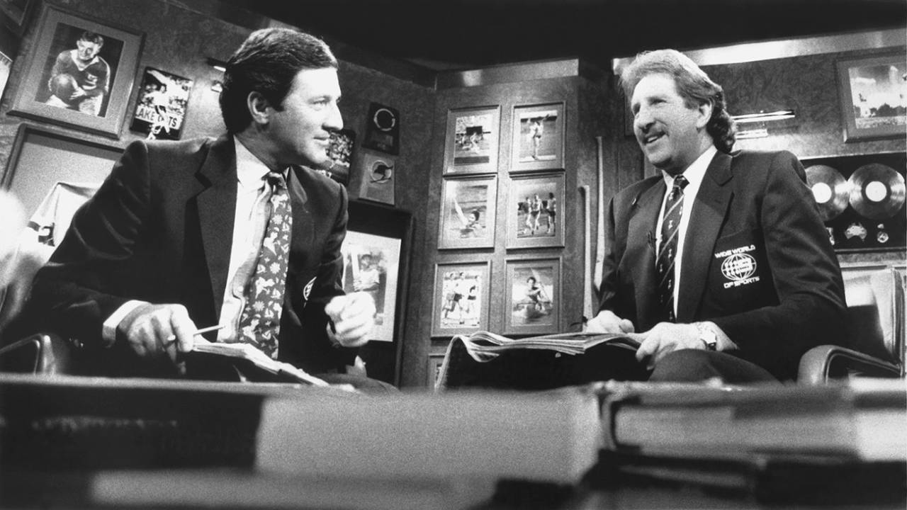 Ken Sutcliffe and Max Walker in Channel Nine's Wide World of Sports studio, Sydney, October 16, 1989