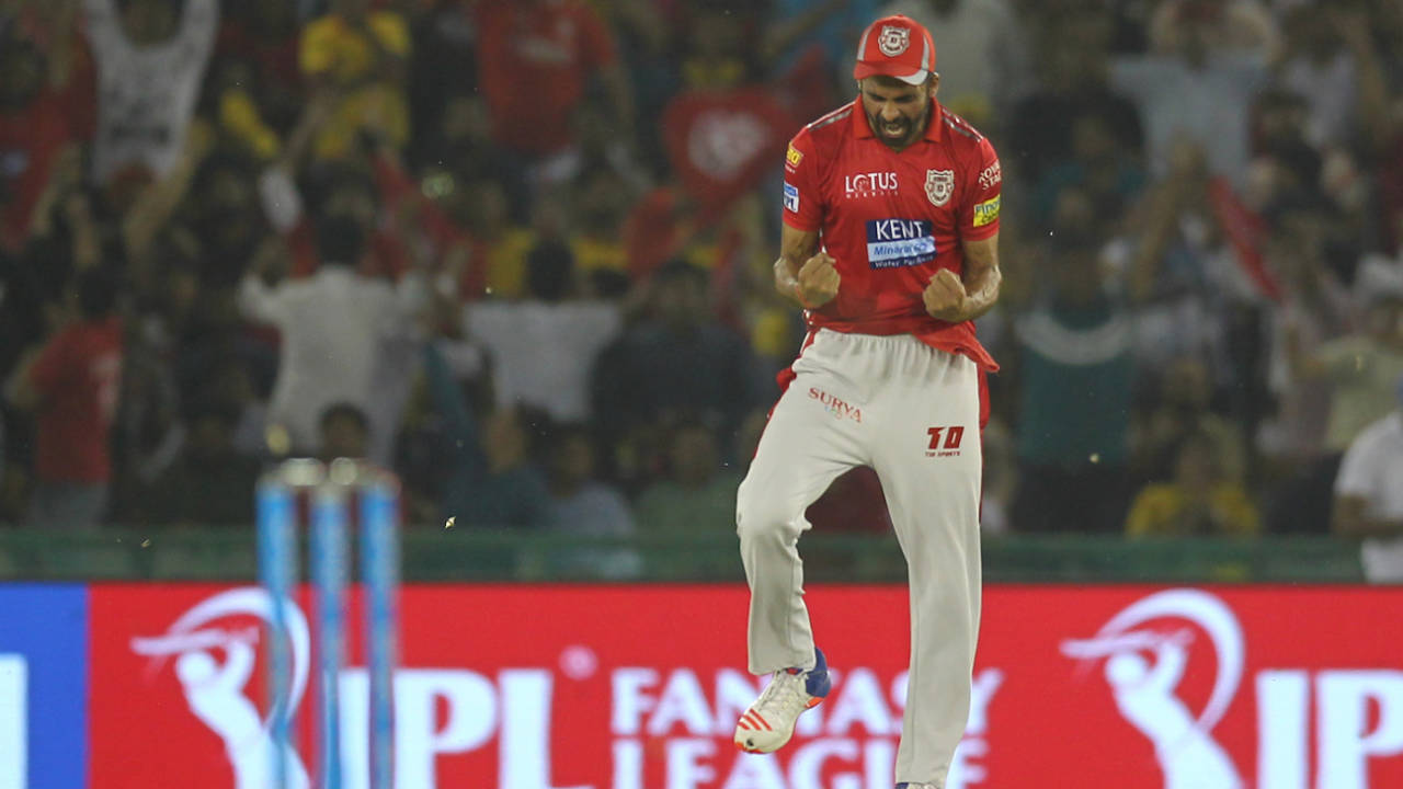 Barinder Sran is thrilled after taking a catch, Kings XI Punjab v Chennai Super Kings, IPL 2018, Mohali, April 15, 2018