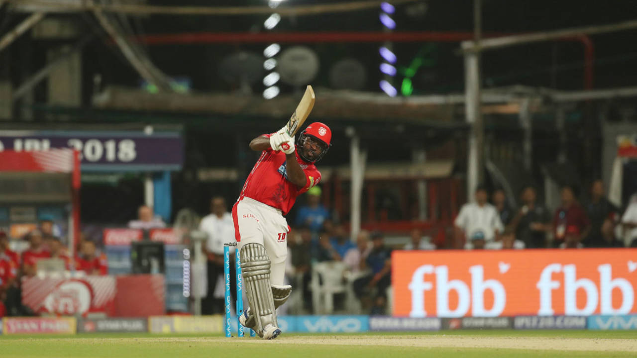Chris Gayle launches one into the leg side, Kolkata Knight Riders v Kings XI Punjab, IPL 2018, Kolkata, April 21, 2018