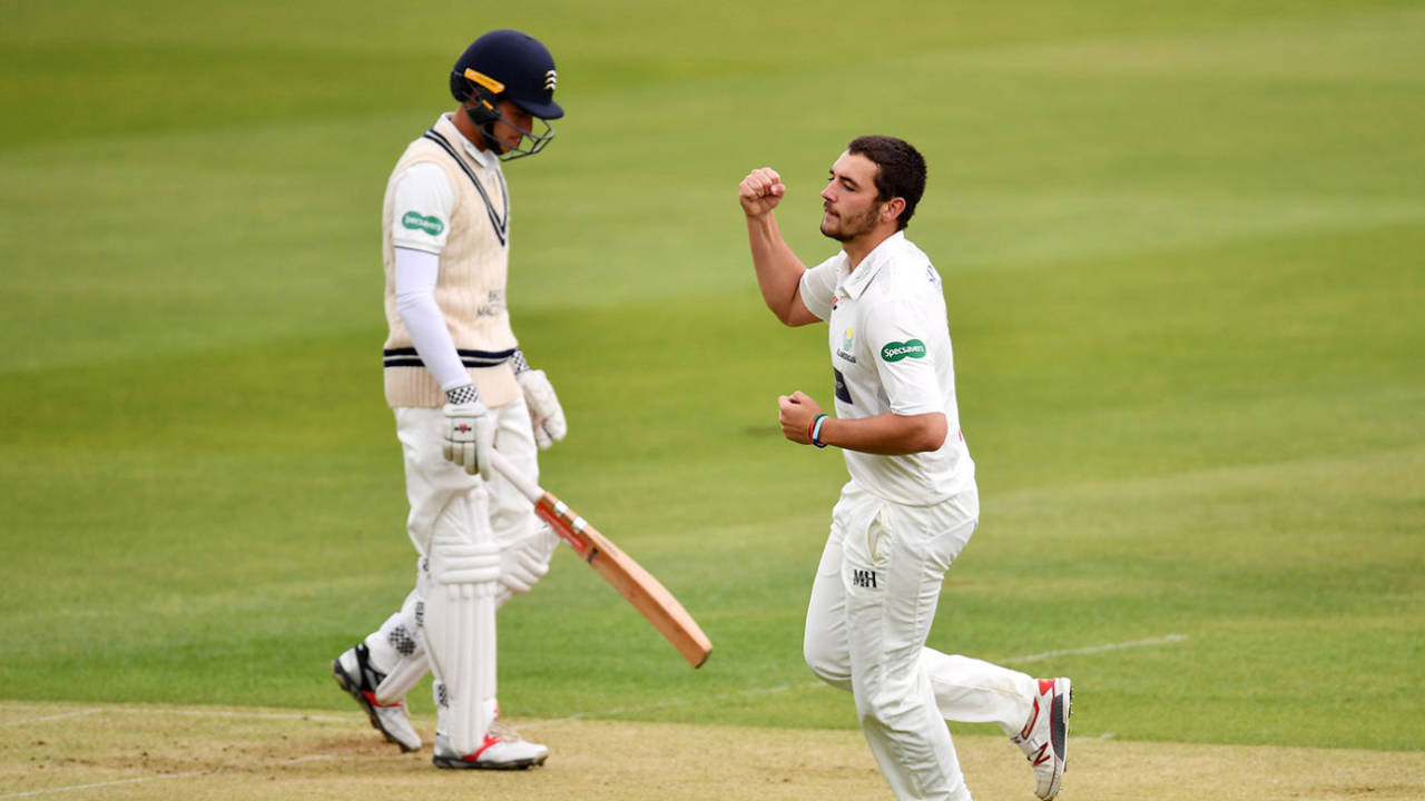 Lukas Carey celebrates removing Max Holden, Middlesex v Glamorgan, Specsavers Championship, Division Two, Lord's, April 27, 2018