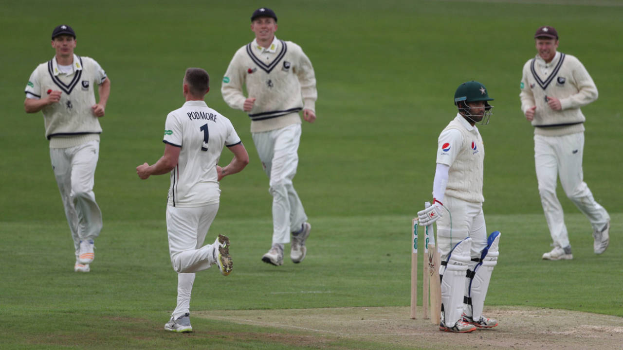 Harry Podmore removed Sami Aslam lbw, Kent v Pakistan, Tour match, Canterbury, 1st day, April 28, 2018