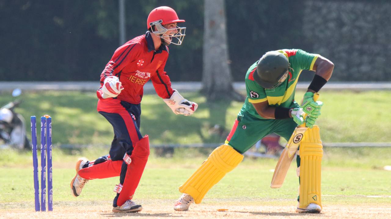 Jake Dunford celebrates after Patrick Matautaava is bowled by Ben Stevens, Jersey v Vanuatu, ICC World Cricket League Division Four, Bangi, April 29, 2018