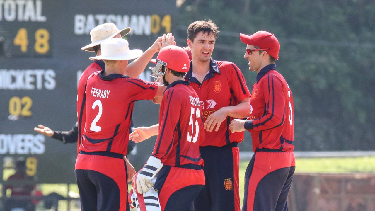 Ben Stevens was at the center of the action after taking another bag full of wickets for Jersey, Jersey v Vanuatu, ICC World Cricket League Division Four, Bangi, April 29, 2018