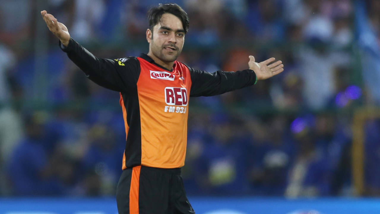 Rashid Khan spreads his arms to commemorate a wicket, Rajasthan Royals v Sunrisers Hyderabad, IPL 2018, Jaipur, April 29, 2018