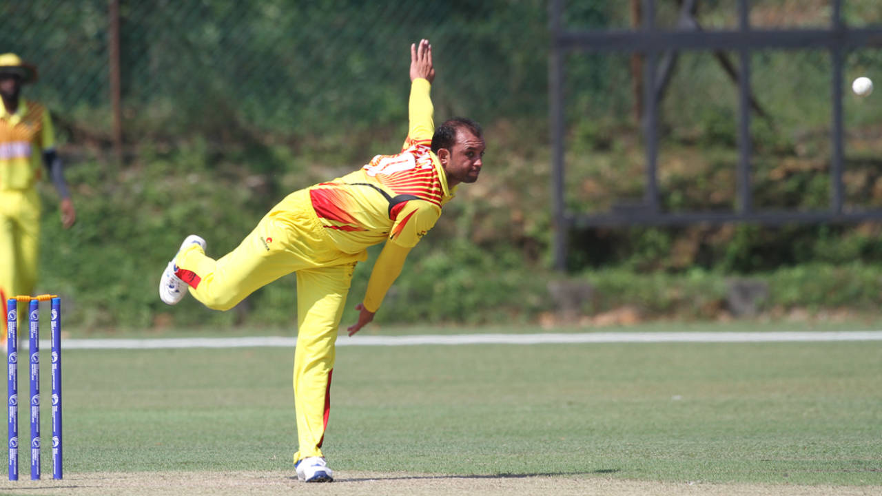 Irfan Afridi bowls during his spell of spin, Malaysia v Uganda, ICC World Cricket League Division Four, Kuala Lumpur, April 29, 2018