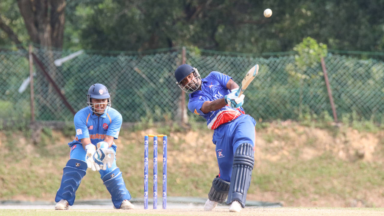 Janeiro Tucker tees off for his second six over long-off in a climactic 14-run 48th over, Malaysia v Bermuda, ICC World Cricket League Division Four, Kuala Lumpur, May 6, 2018