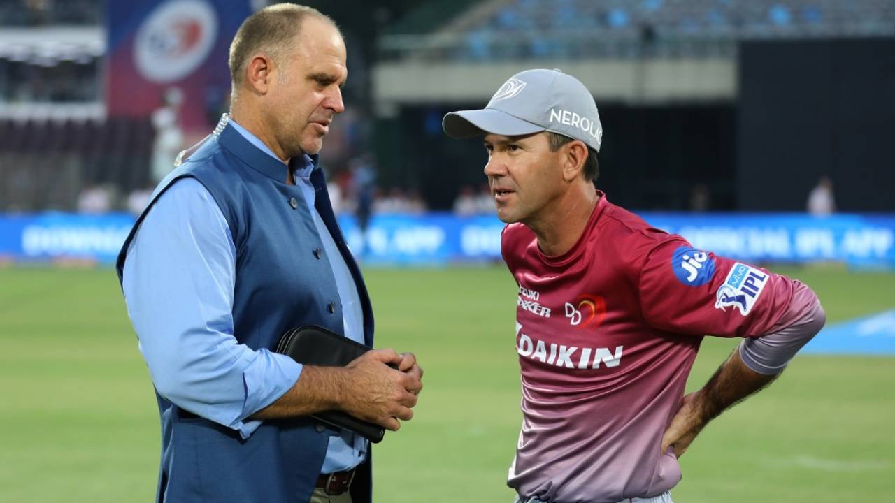 Former Australia team-mates Matthew Hayden and Ricky Ponting in conversation, Delhi Daredevils v Sunrisers Hyderabad, IPL 2018, Delhi, May 10, 2018 