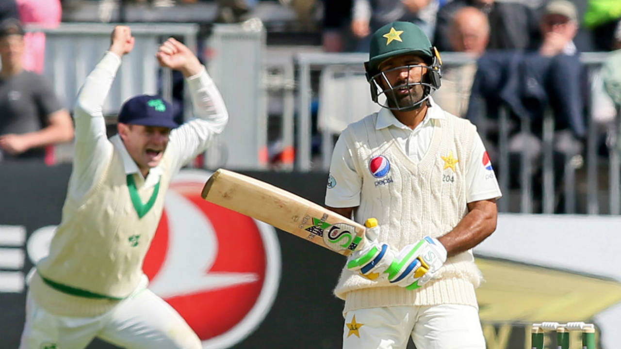 Asad Shafiq grimaces after holing out to Boyd Rankin, Ireland v Pakistan, Only Test, Malahide, 2nd day, May 12, 2018