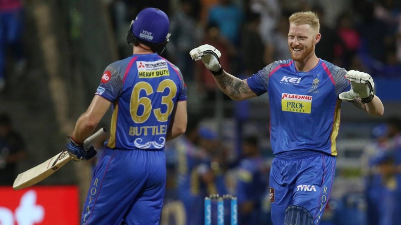 Ben Stokes and Jos Buttler celebrate the victory, Mumbai Indians v Rajasthan Royals, IPL, Mumbai, May 13, 2018