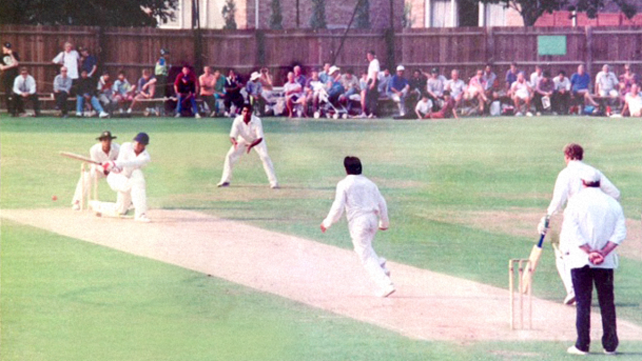 Mushtaq Ahmed bowling to Nick Folland of Minor Counties, Minor Counties v Pakistanis, Marlow, July 30, 1992
