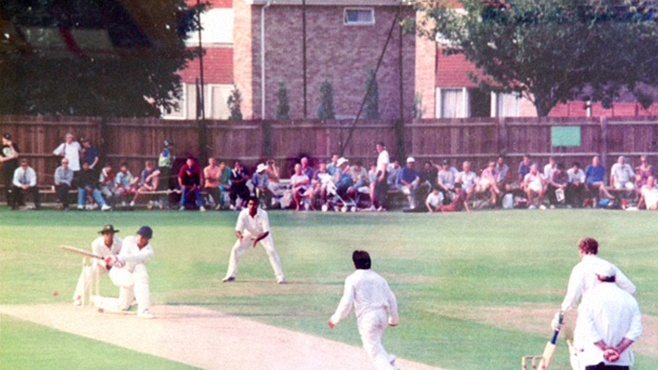 Mushtaq Ahmed bowling to Nick Folland of Minor Counties, Minor Counties v Pakistanis, Marlow, July 30, 1992