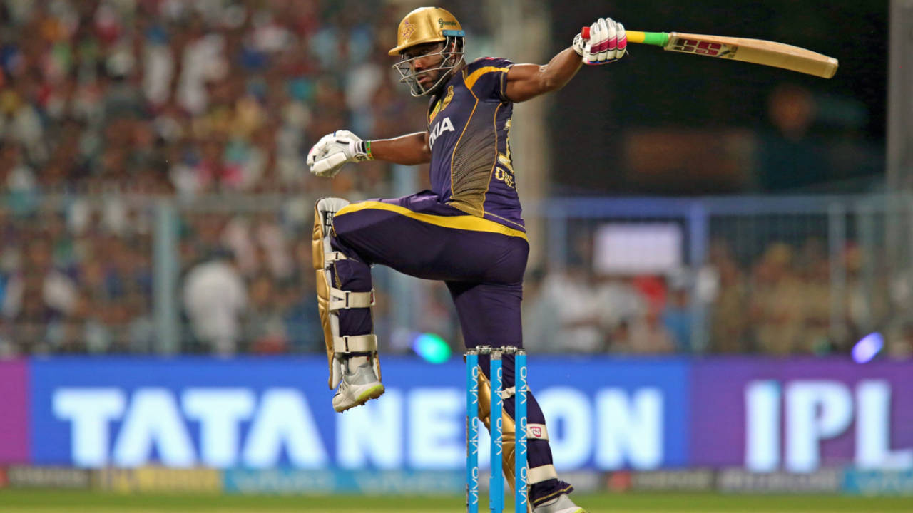 Andre Russell loses his grip while pulling one away, Kolkata Knight Riders v Rajasthan Royals, IPL 2018, Eliminator, Kolkata, May 23, 2018 