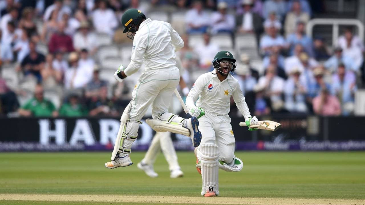 Haris Sohail and Imam-ul-Haq celebrate Pakistan's victory in the first Test, England v Pakistan, 1st Test, Lord's 4th day, May 27, 2018