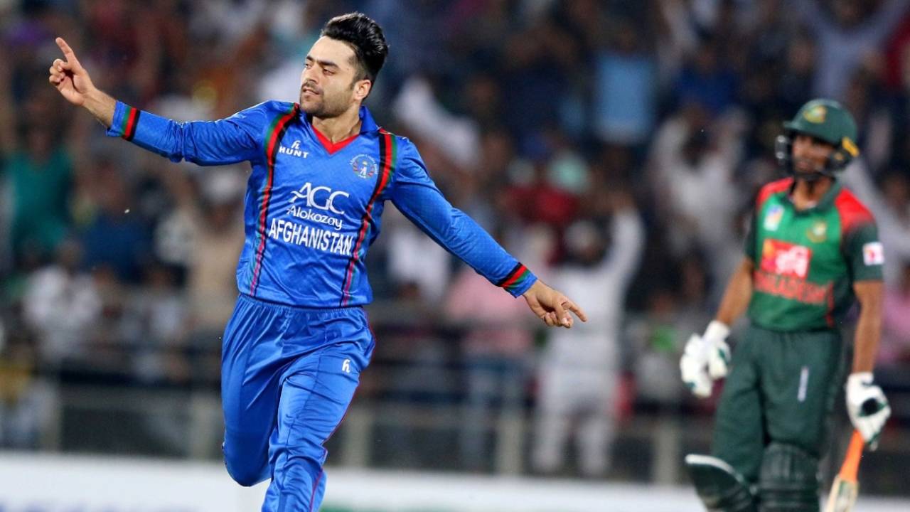 Rashid Khan takes flight after snaring a wicket, Afghanistan v Bangladesh, 1st T20I, Dehradun, June 3, 2018