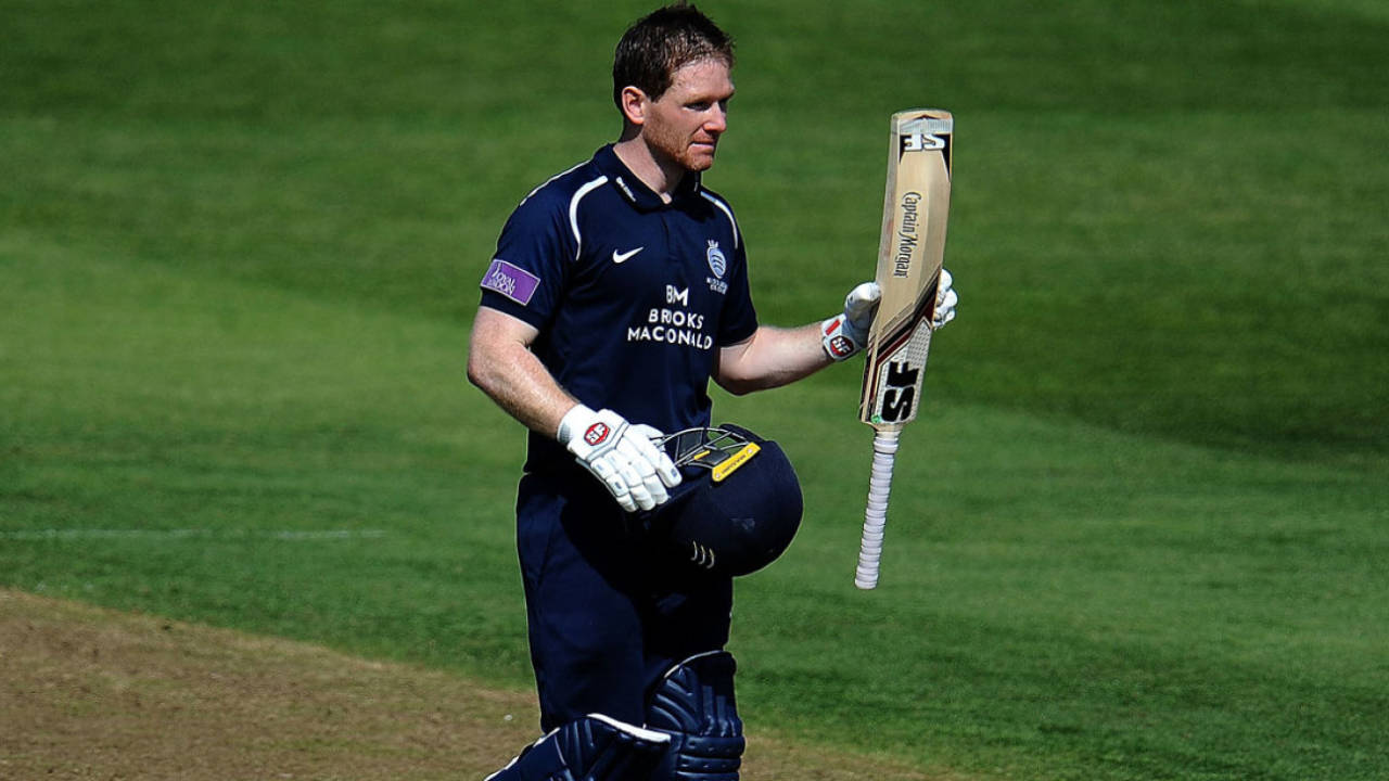 Eoin Morgan acknowledges his hundred, Gloucestershire v Middlesex, Royal London Cup, Bristol, July 6, 2018