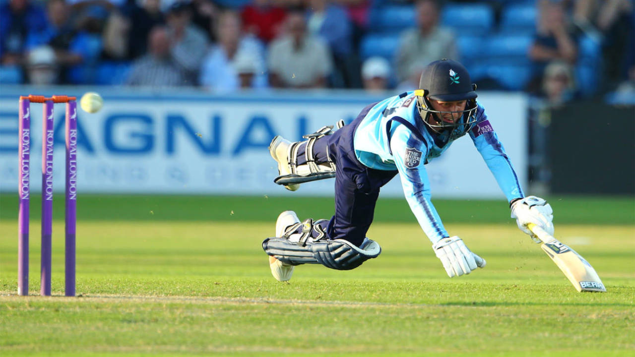 Johnny Tattersall dives to make his ground, Yorkshire v Northants, Royal London Cup, North Group, Headingley, June 7, 2018