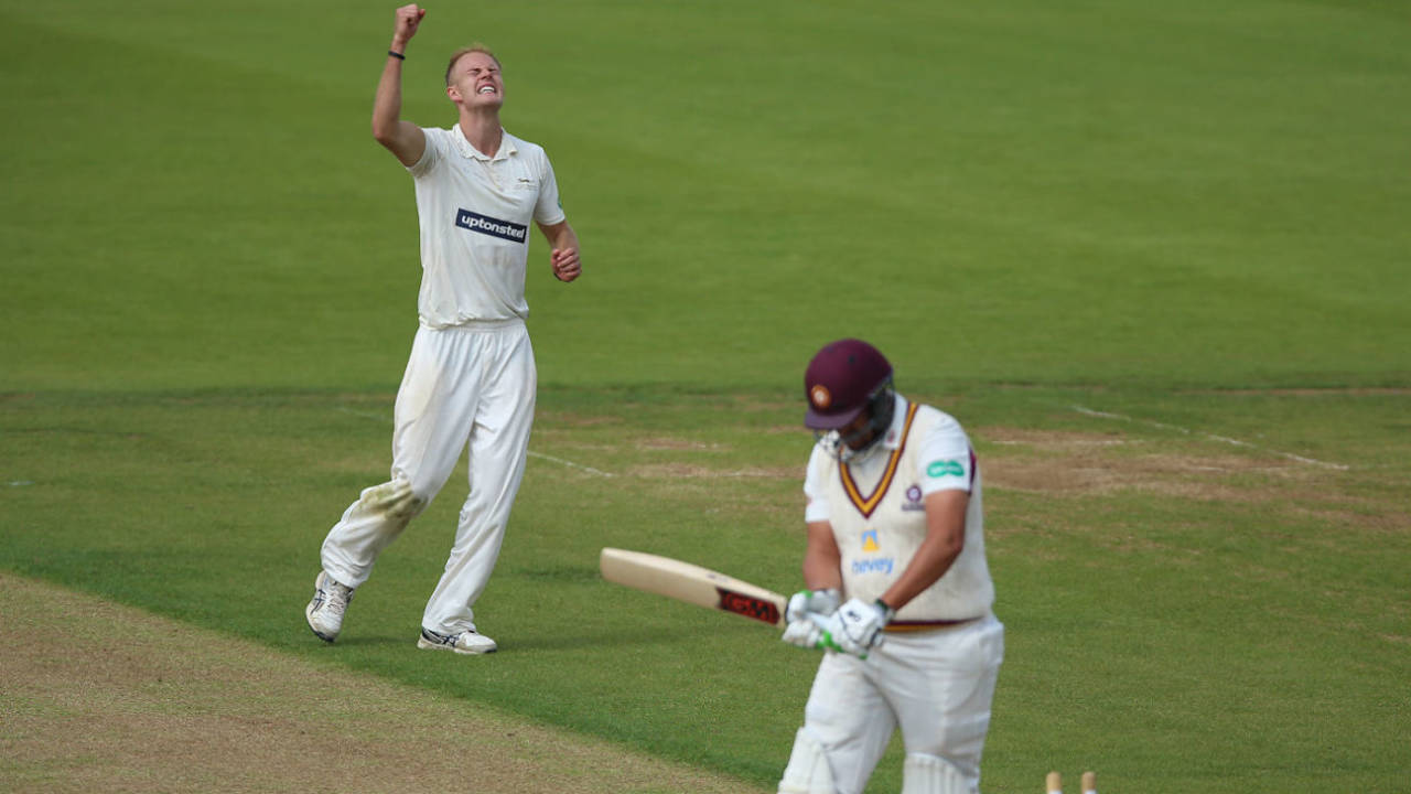 Zak Chappell celebrates his maiden five-wicket haul, Northants v Leicestershire, Specsavers Championship Division Two, Northampton, June 9, 2018