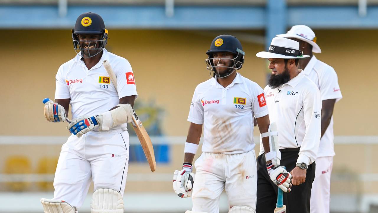 Lahiru Gamage and Kusal Mendis share a laugh, West Indies v Sri Lanka, 1st Test, Port of Spain, 4th day, June 9, 2018