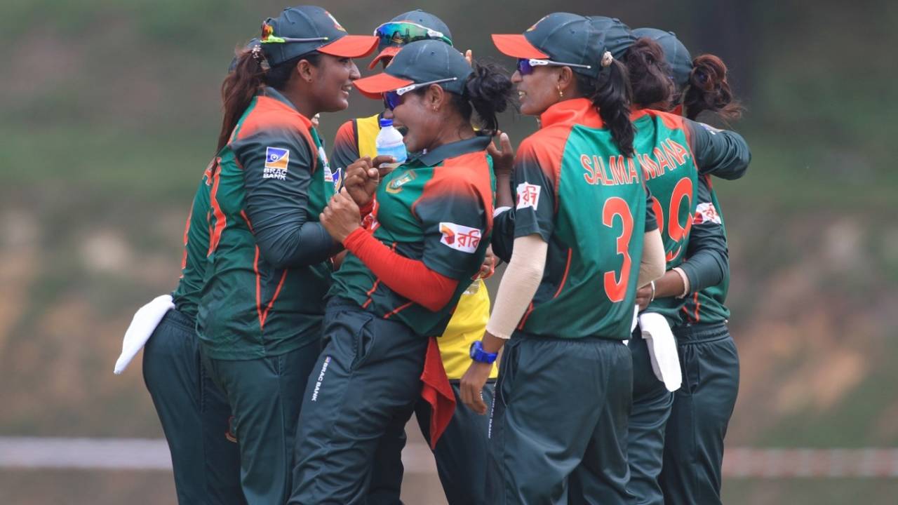 Bangladesh's players celebrate a wicket, India v Bangladesh, women's Asia Cup final. Kuala Lumpur