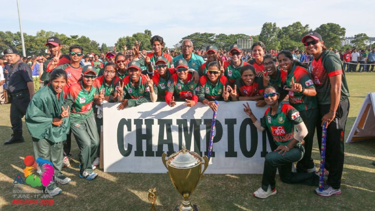 Bangladesh women pose with the Asia Cup, India v Bangladesh, women's Asia Cup final. Kuala Lumpur