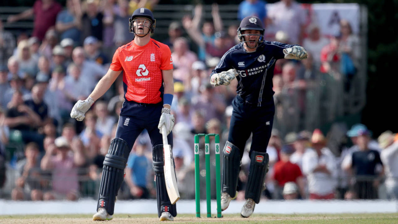 Sam Billings looks aghast after chipping a full toss to midwicket, Scotland v England, Only ODI, Edinburgh, June 10, 2018