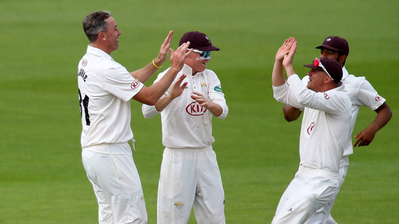 Rikki Clarke (left) ran through Hampshire with five wickets, Hampshire v Surrey, Specsavers Championship, Division One, Ageas Bowl, June 10, 2018