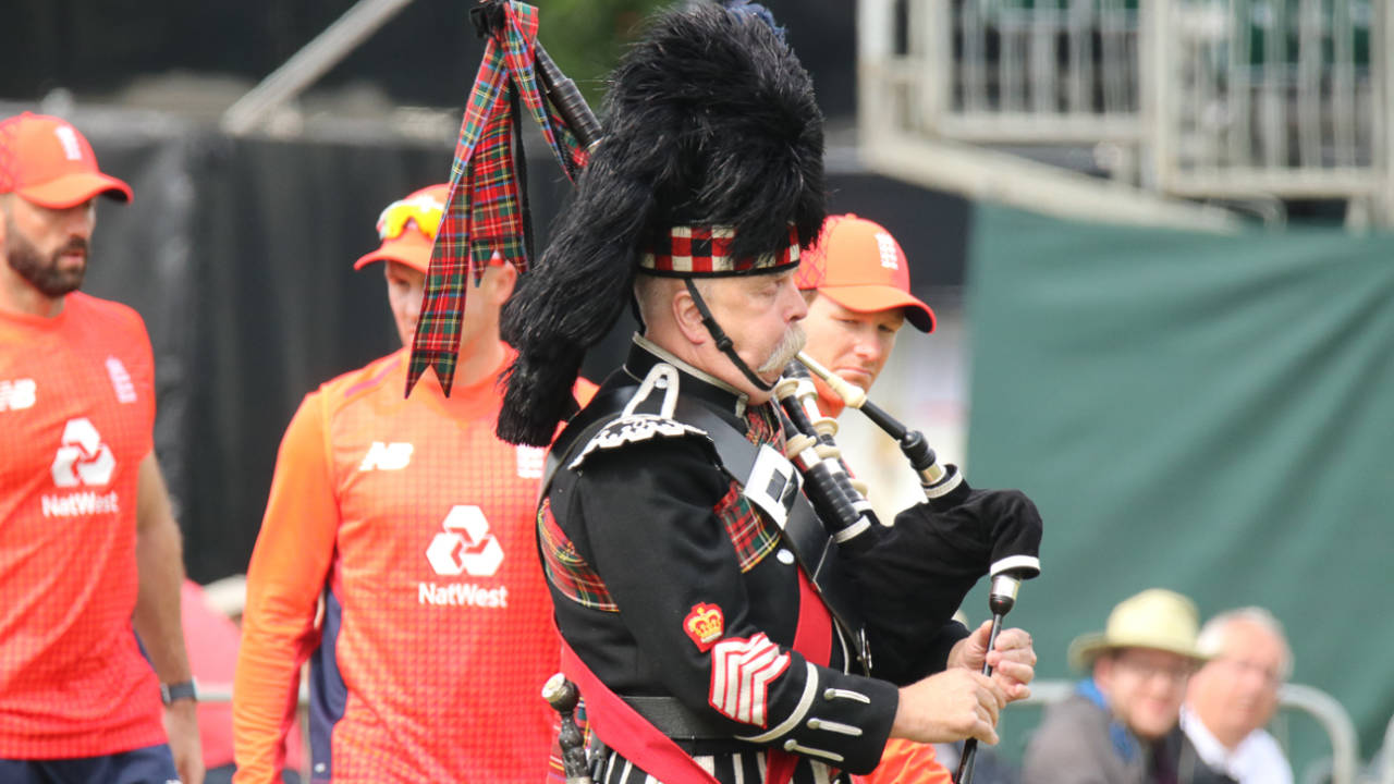 A bagpiper gets the day's soundtrack underway leading the teams out for the anthems, Scotland v England, only ODI, Edinburgh, June 10, 2018