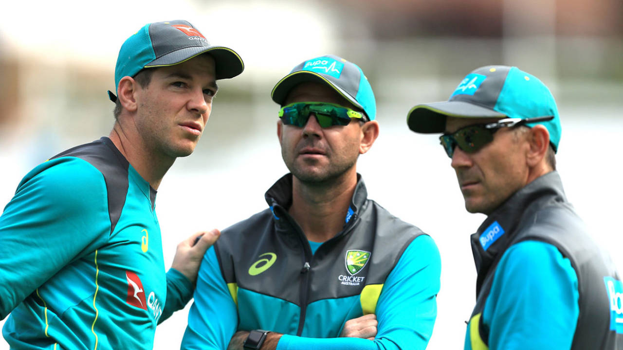 Tim Paine chats with Ricky Ponting and Justin Langer, The Oval, June 11, 2018