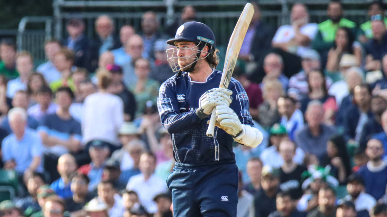 Dylan Budge watches the ball fly over the long-off boundary for six, Scotland v Pakistan, 1st T20I, Edinburgh, June 12, 2018
