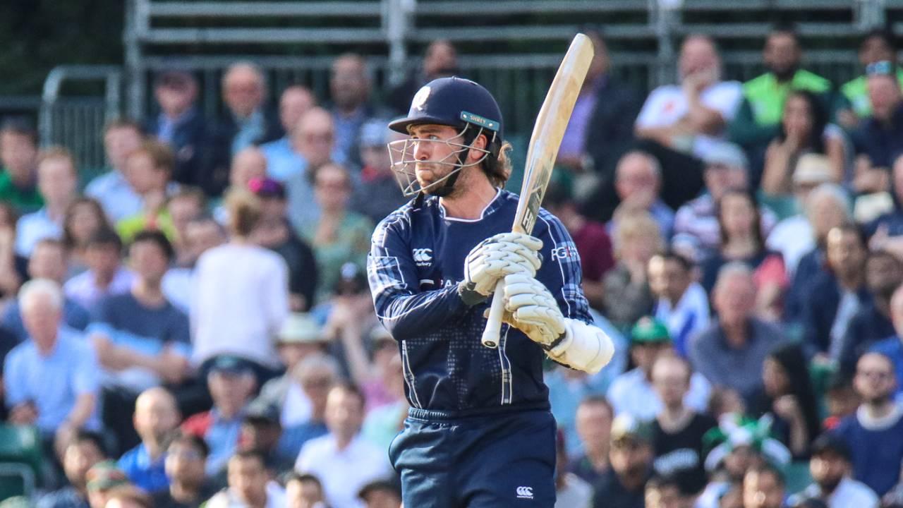 Dylan Budge watches the ball fly over the long-off boundary for six, Scotland v Pakistan, 1st T20I, Edinburgh, June 12, 2018