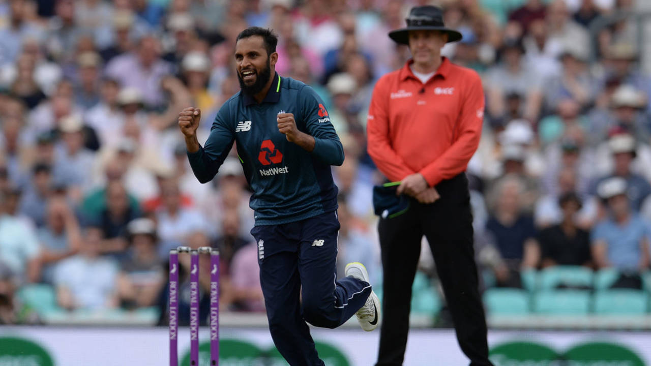 Adil Rashid celebrates the wicket of Marcus Stoinis, England v Australia, 1st ODI, Kia Oval, June 13, 2018