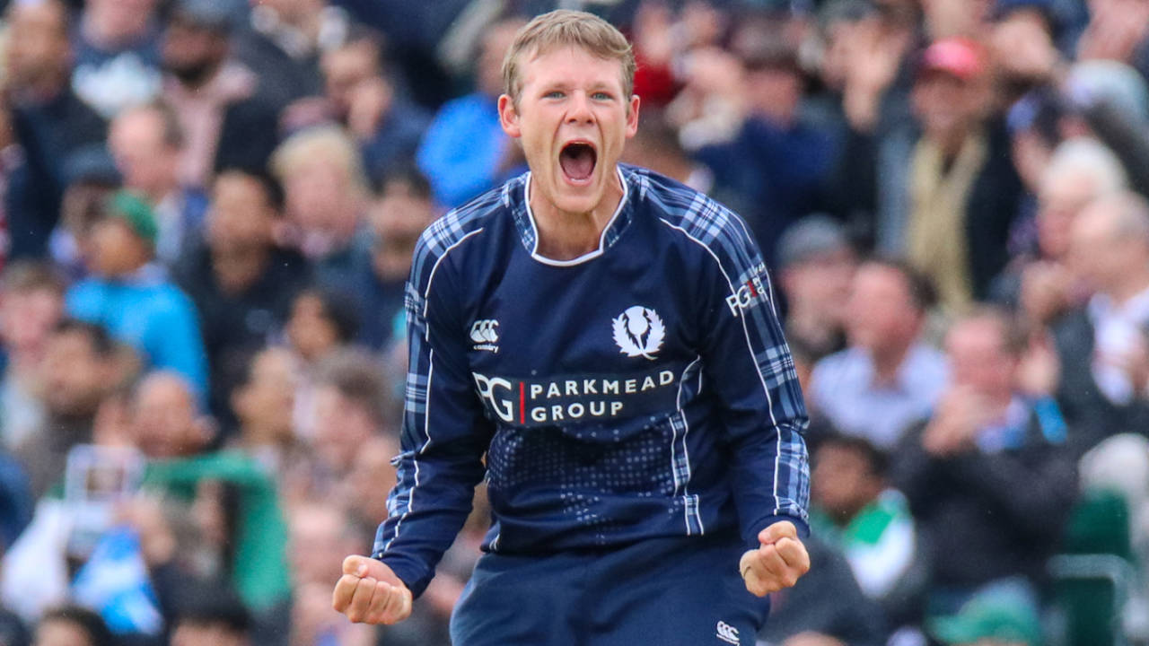 Michael Leask roars with delight after claiming another wicket, Scotland v Pakistan, 2nd T20I, Edinburgh, June 13, 2018