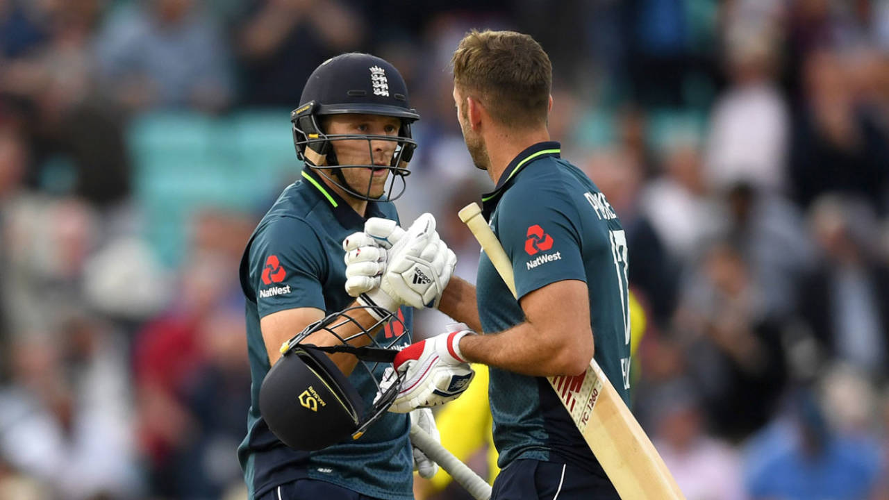 David Willey and Liam Plunkett celebrate the moment of victory, England v Australia, 1st ODI, Kia Oval, June 13, 2018