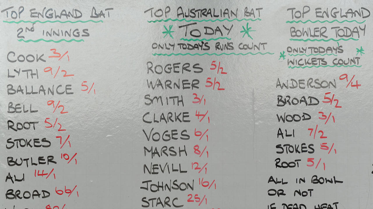 Bookmaker odds displayed on a board at the ground, England v Australia, 2nd Investec Ashes Test, Lord's, 4th day, July 19, 2015