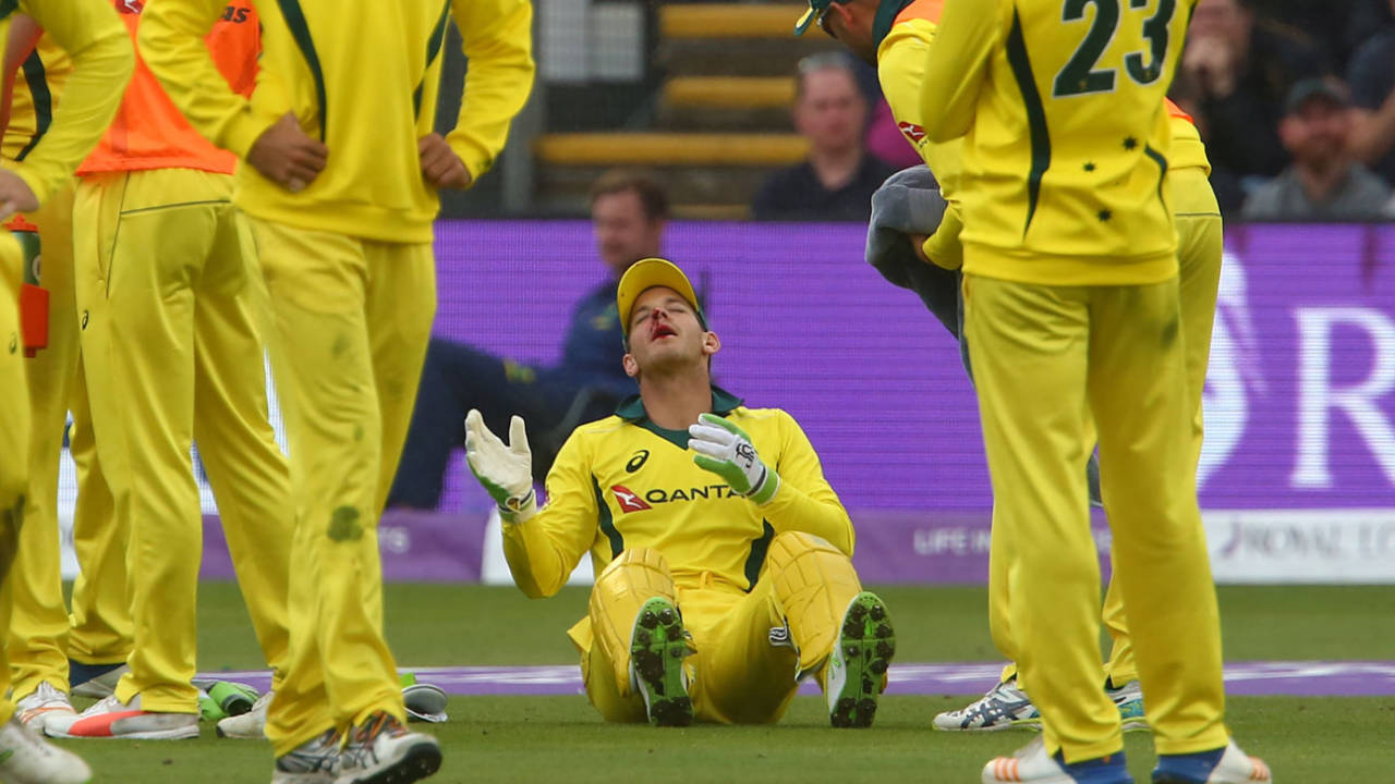 Tim Paine received a bloody nose after the ball bounced unexpectedly in front of him, England v Australia, 2nd ODI, Cardiff, June 16, 2018