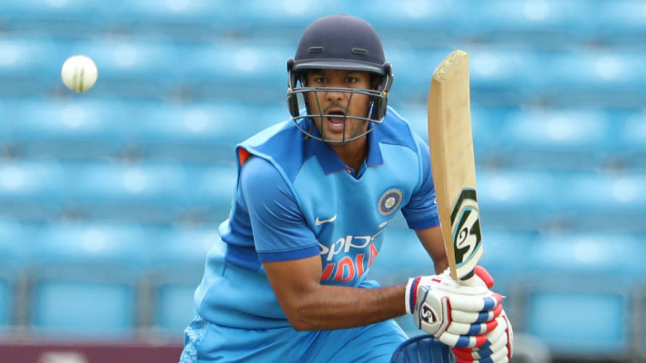 Mayank Agarwal plays a cautious forward defence&nbsp;&nbsp;&bull;&nbsp;&nbsp;Getty Images