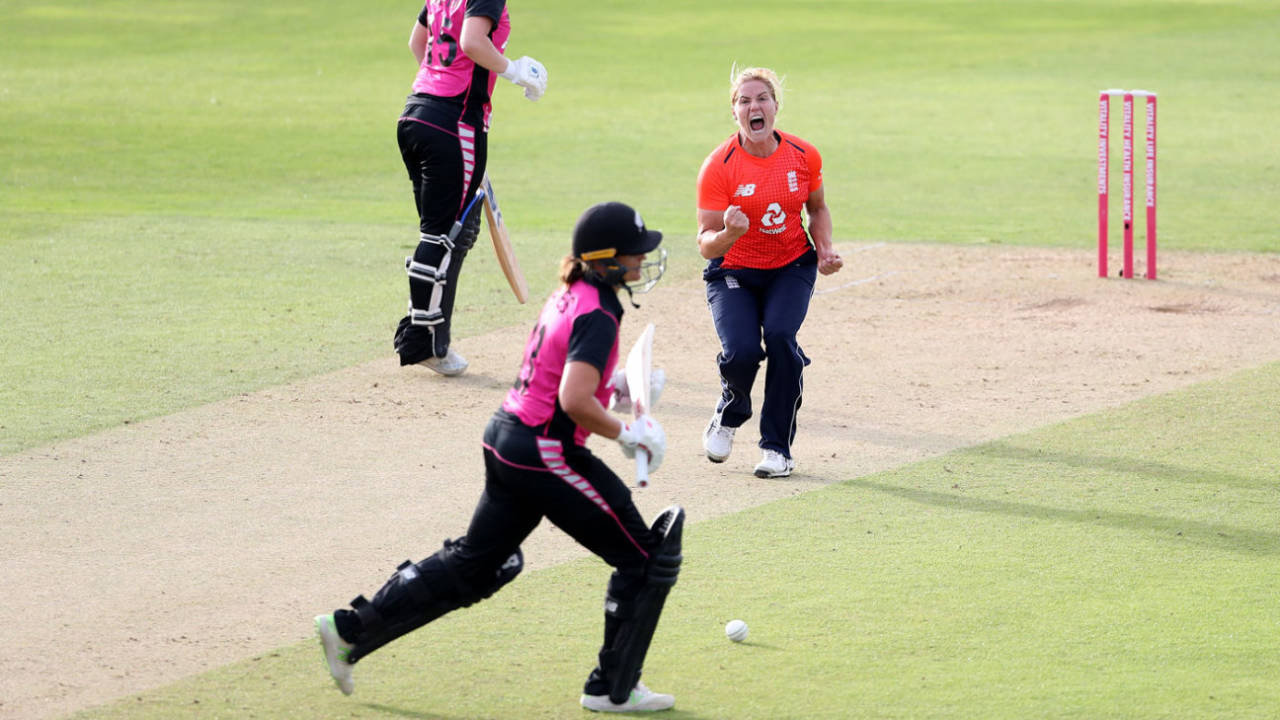 Katherine Brunt celebrates her dismissal of Suzie Bates, England v New Zealand, women's T20 tri-series, Taunton, June 23, 2018