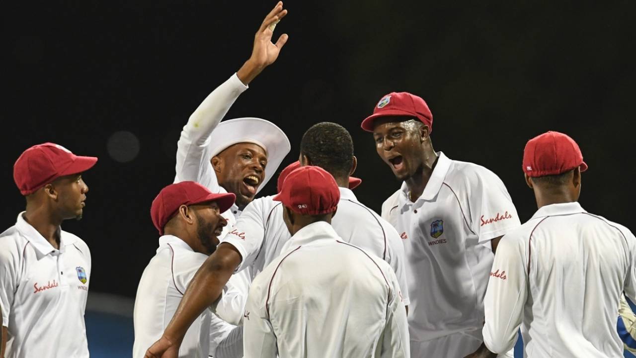 Shannon Gabriel surrounded by team-mates after taking a wicket, West Indies v Sri Lanka, 3rd Test, Bridgetown, 2nd day, June 24, 2018