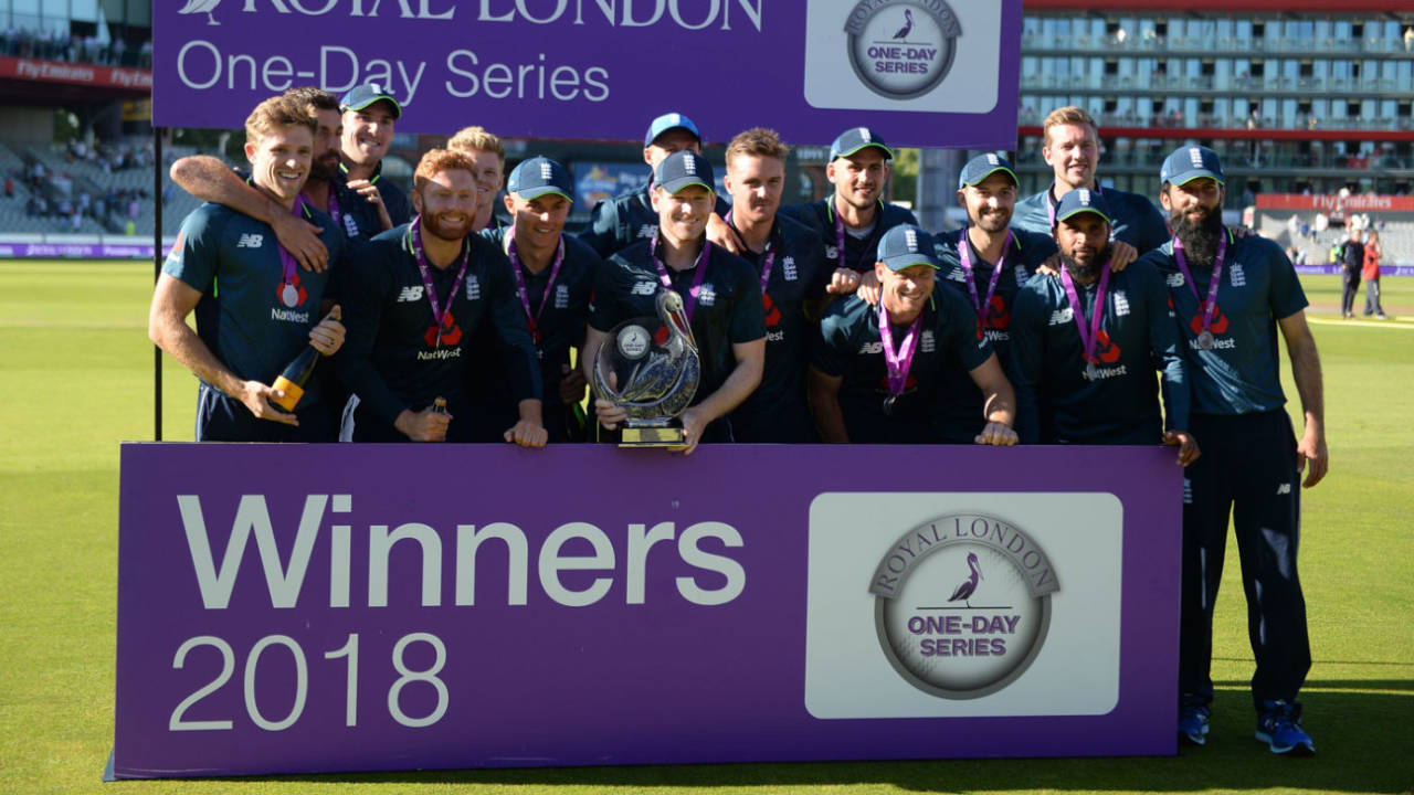 England pose with the series trophy after sealing a 5-0 whitewash, England v Australia, 5th ODI, Old Trafford, June 24, 2018