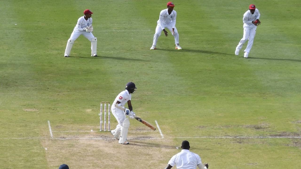 Niroshan Dickwella caught at second slip by Devon Smith. West Indies v Sri Lanka, 3rd Test, Bridgetown, 3rd day, June 25, 2018