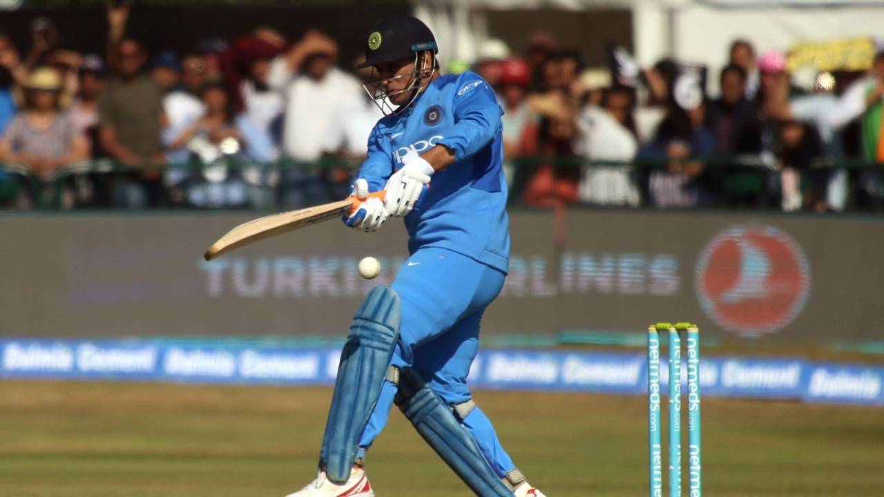 MS Dhoni forces the ball down on the leg side. Ireland v India, 1st T20I, Malahide, June 27, 2018