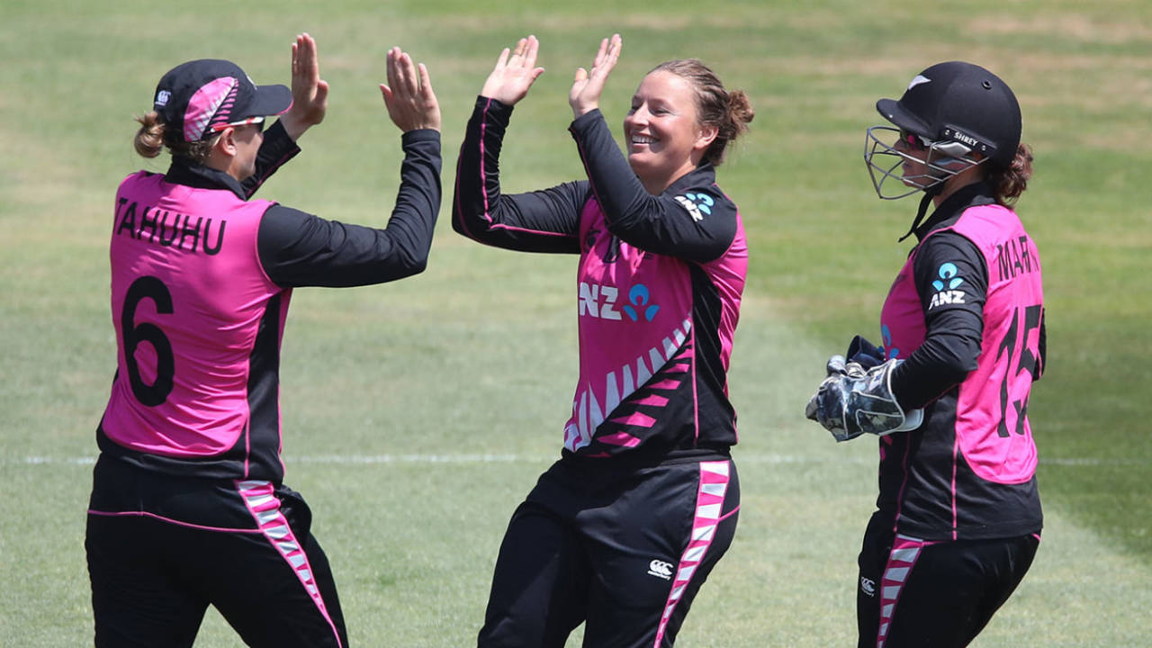 Hayley Jensen claims a wicket for New Zealand, New Zealand v South Africa, women's T20 Triangular, Bristol, June 28, 2018